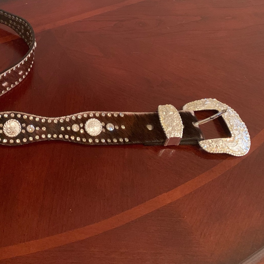 Nocona Dark Brown Silver Crystal Studded Leather Belt Calf Hair